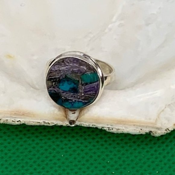Handmade Round Silver Purple Turquoise Ring Size 10 - Picture 1 of 3